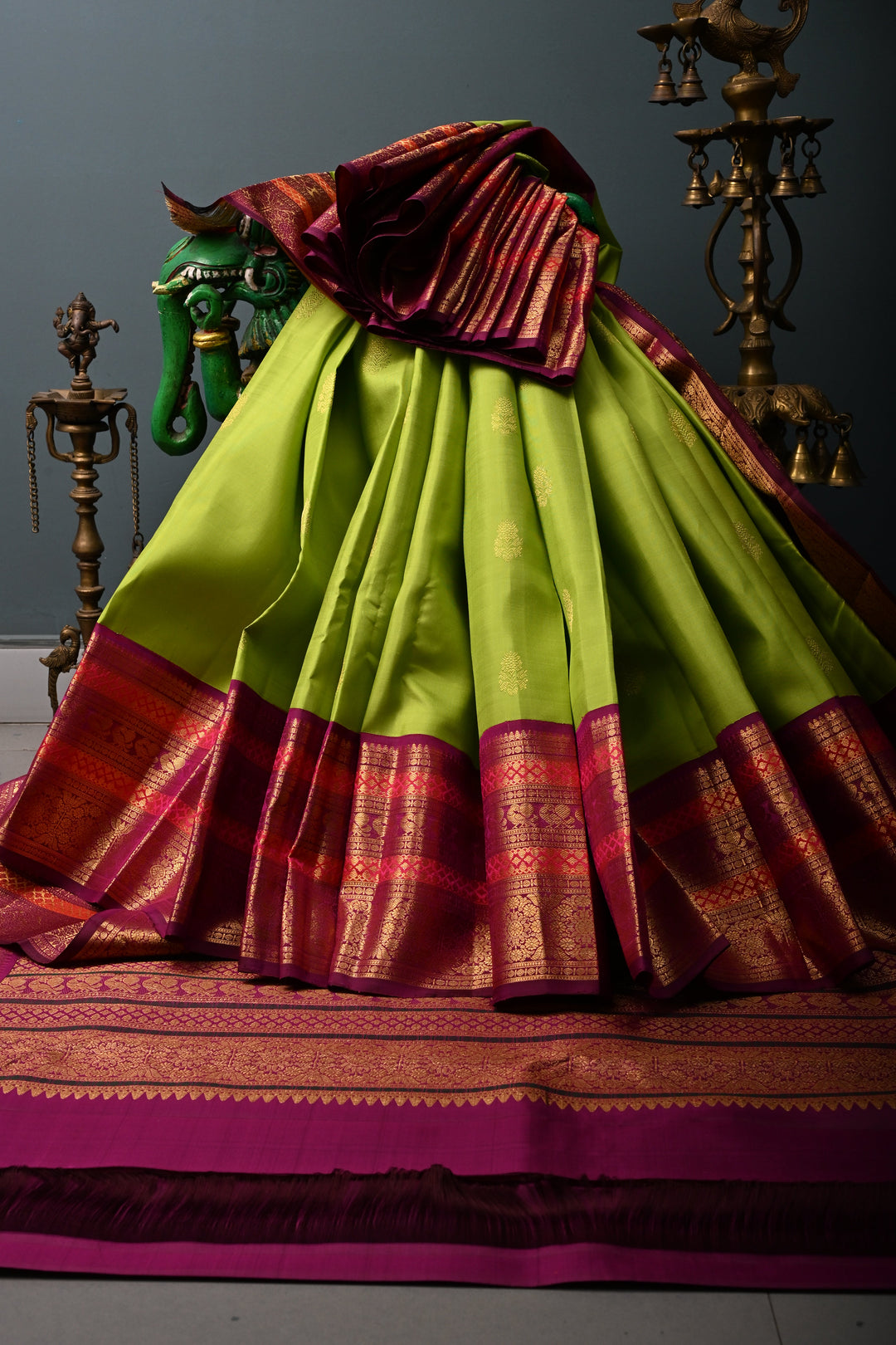Chartreuse Korvai Pure Gadwal Silk Saree with Floral Zari Buttas and Contrast Zari Border | SILK MARK CERTIFIED | SHOBITAM