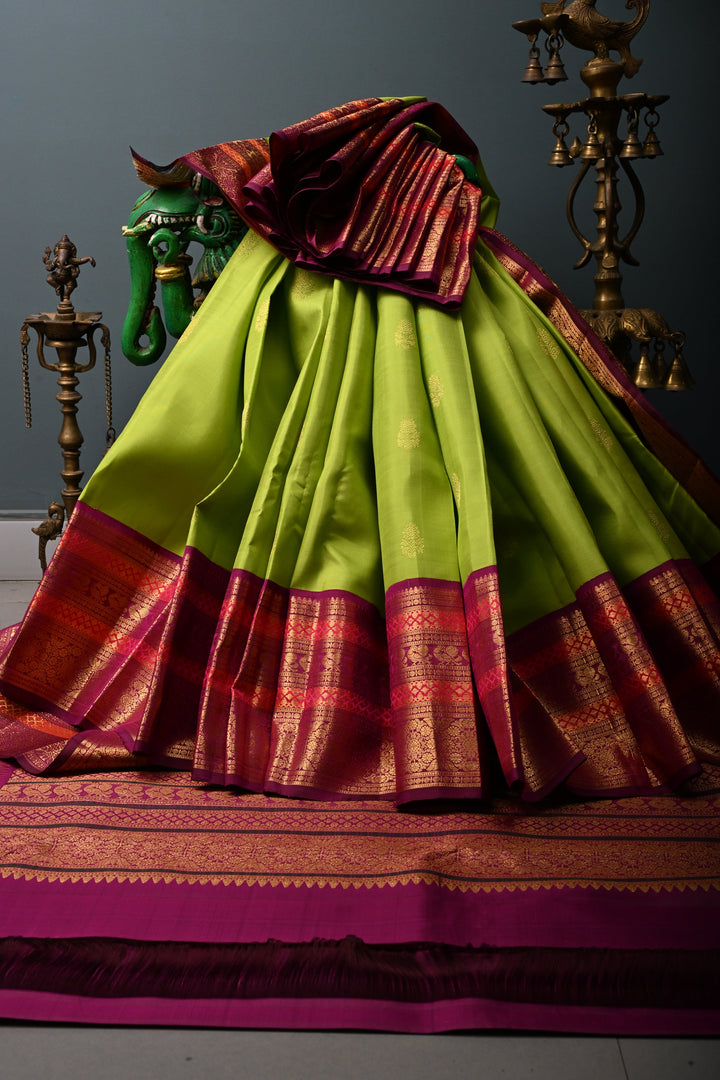 Chartreuse Korvai Pure Gadwal Silk Saree with Floral Zari Buttas and Contrast Zari Border | SILK MARK CERTIFIED | SHOBITAM