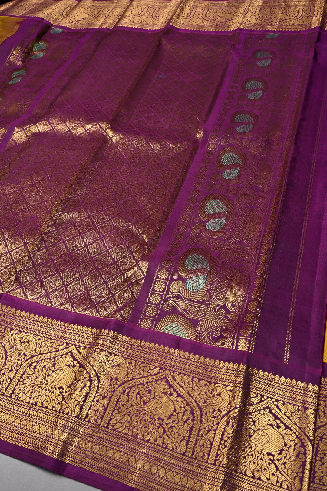 Methi Yellow Zari Checks Korvai Gadwal Silk Saree with Ganda Berunda Zari Buttas and Contrast Zari Border | SILK MARK CERTIFIED | SHOBITAM