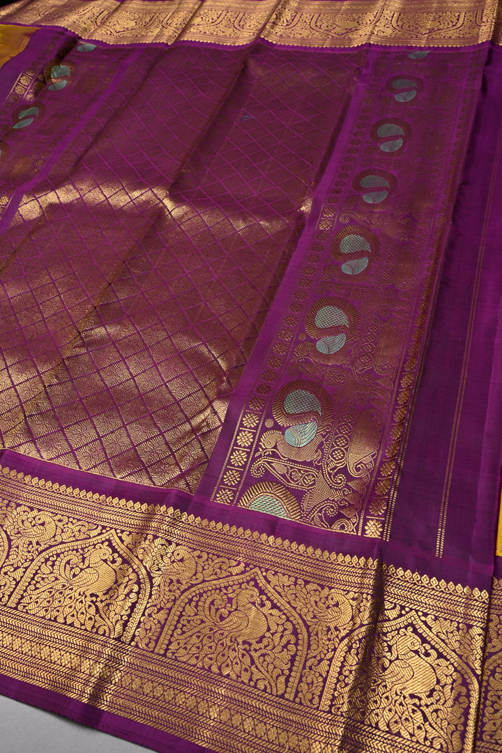 Methi Yellow Zari Checks Korvai Gadwal Silk Saree with Ganda Berunda Zari Buttas and Contrast Zari Border | SILK MARK CERTIFIED | SHOBITAM