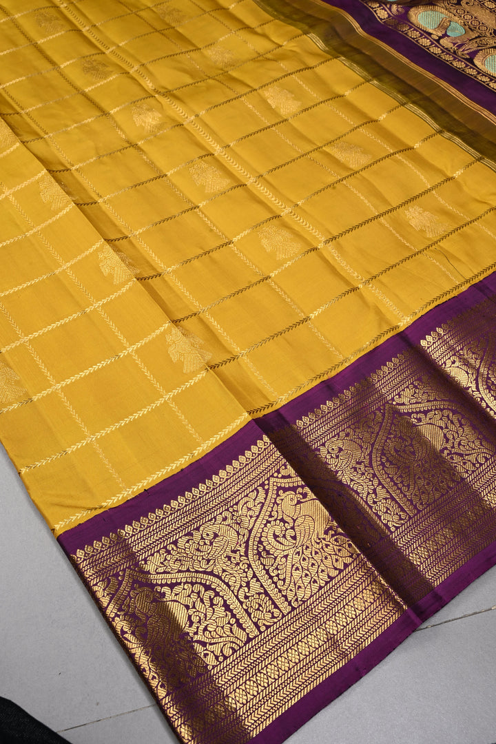 Methi Yellow Zari Checks Korvai Gadwal Silk Saree with Ganda Berunda Zari Buttas and Contrast Zari Border | SILK MARK CERTIFIED | SHOBITAM