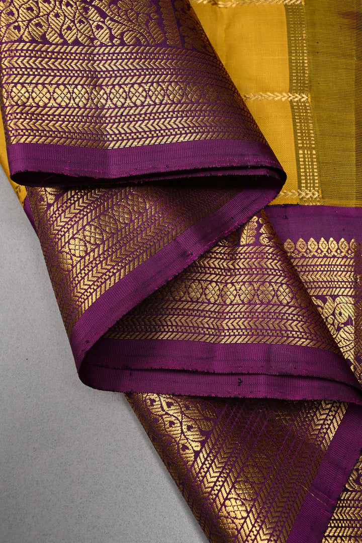 Methi Yellow Zari Checks Korvai Gadwal Silk Saree with Ganda Berunda Zari Buttas and Contrast Zari Border | SILK MARK CERTIFIED | SHOBITAM