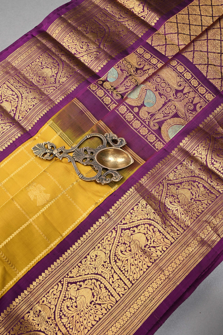 Methi Yellow Zari Checks Korvai Gadwal Silk Saree with Ganda Berunda Zari Buttas and Contrast Zari Border | SILK MARK CERTIFIED | SHOBITAM