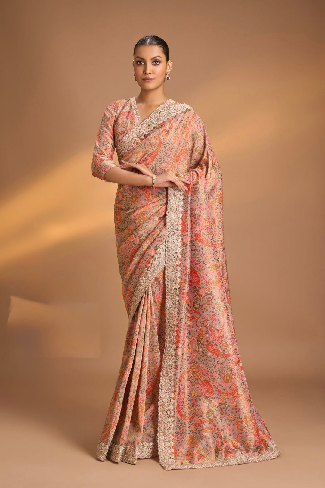 Vegan Tissue Saree with Digital Print and Cord Pitta Embroidery Border, No Blouse Piece