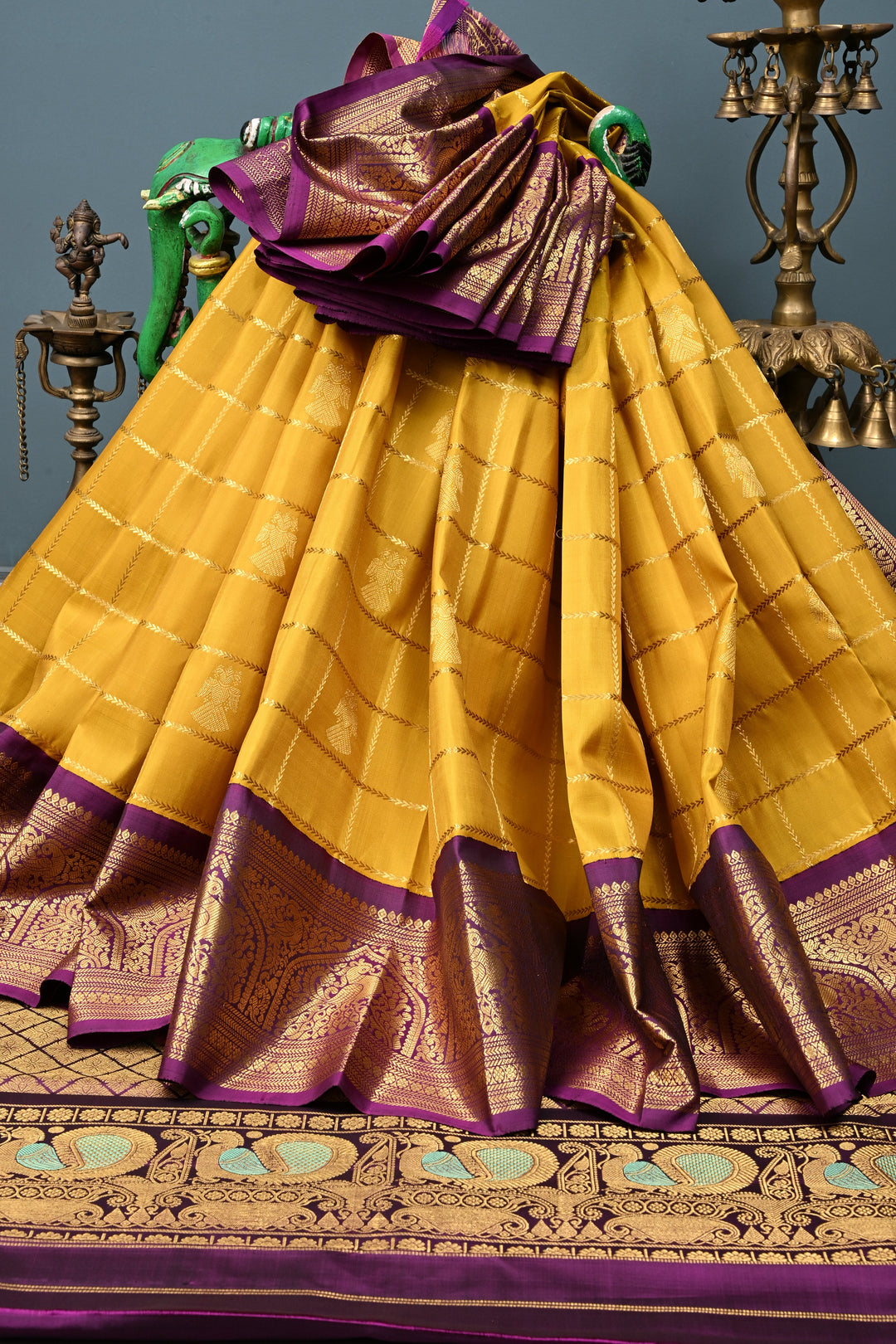 Methi Yellow Zari Checks Korvai Gadwal Silk Saree with Ganda Berunda Zari Buttas and Contrast Zari Border | SILK MARK CERTIFIED | SHOBITAM