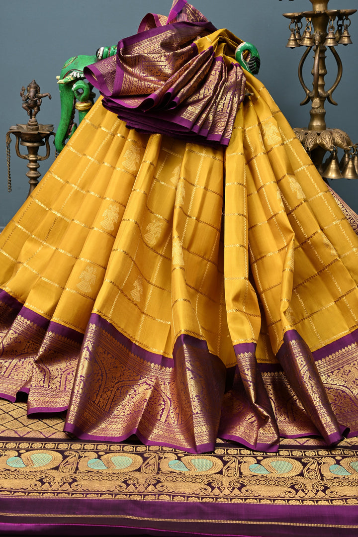 Methi Yellow Zari Checks Korvai Gadwal Silk Saree with Ganda Berunda Zari Buttas and Contrast Zari Border | SILK MARK CERTIFIED | SHOBITAM