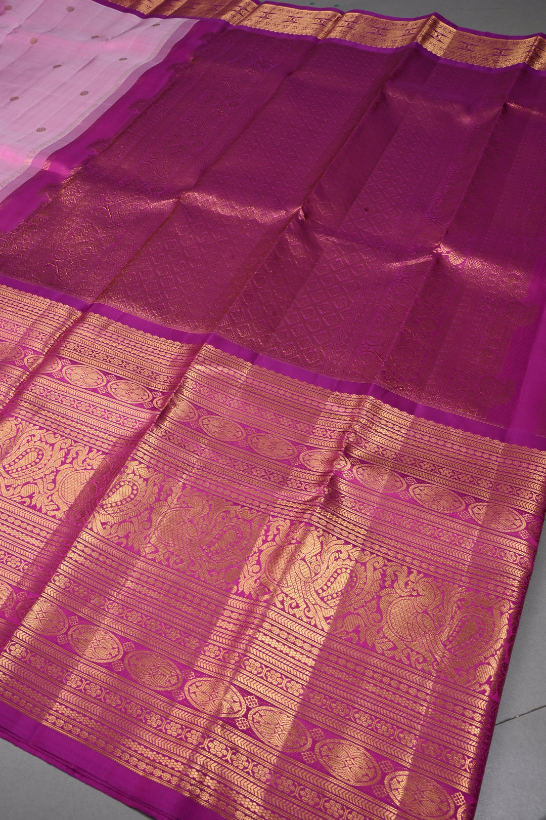 Frost Pink Gadwal Silk Saree with Zari Buttas and Wide Zari Border | SILK MARK CERTIFIED | SHOBITAM