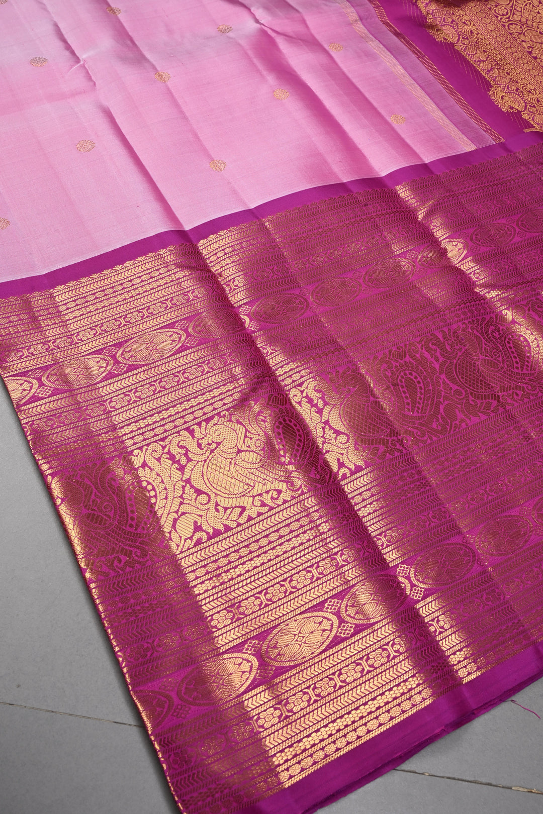 Frost Pink Gadwal Silk Saree with Zari Buttas and Wide Zari Border | SILK MARK CERTIFIED | SHOBITAM