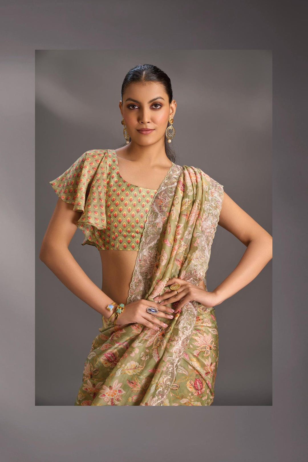 Green Vegan Silk Habutai Saree with Digital Print and Cord Pitta Embroidery Border, No Blouse Piece