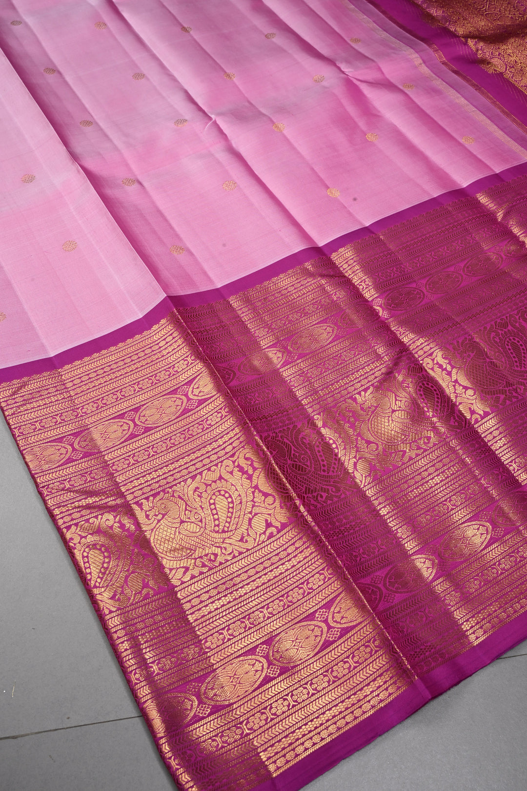 Frost Pink Gadwal Silk Saree with Zari Buttas and Wide Zari Border | SILK MARK CERTIFIED | SHOBITAM