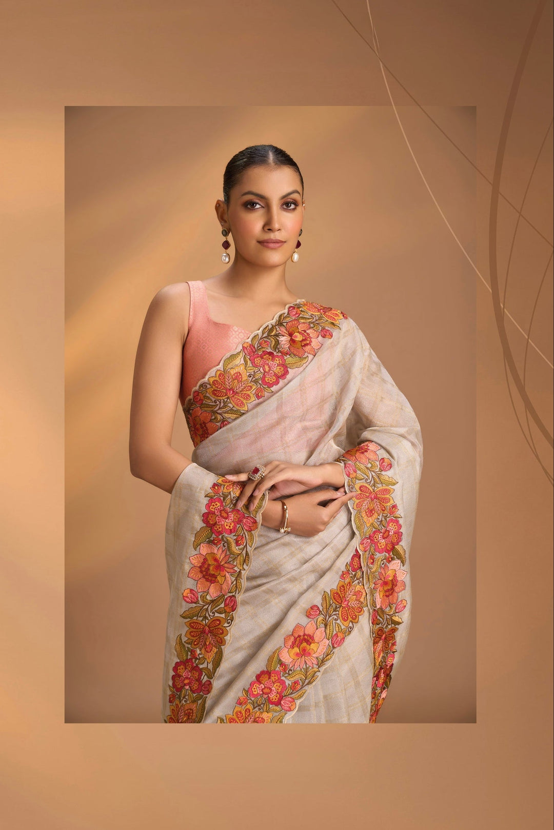 Beige Vegan Organza Tissue Saree with Checks and Multi Color Thread Embroidery Border,  No Blouse Piece