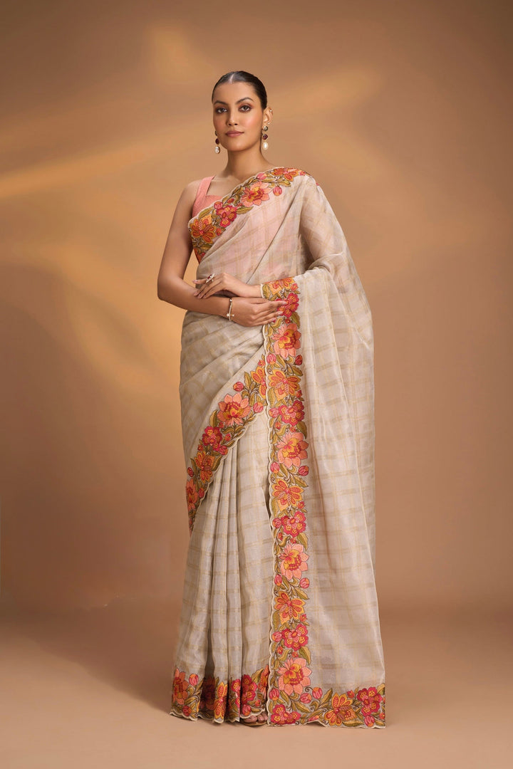 Gray Vegan Organza Tissue Saree with Checks and Multi Color Thread Embroidery Border