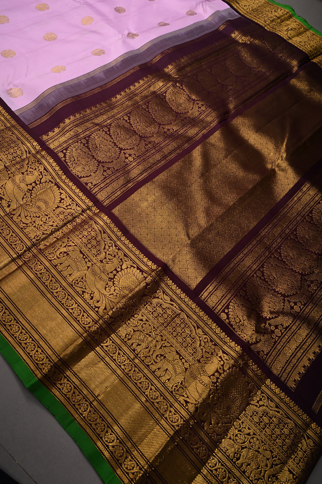 Thistle Pink Korvai Pure Gadwal Silk Saree with Zari Buttas and Contrast Wide Zari Border | SILK MARK CERTIFIED | SHOBITAM