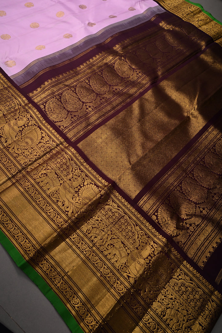 Thistle Pink Korvai Pure Gadwal Silk Saree with Zari Buttas and Contrast Wide Zari Border | SILK MARK CERTIFIED | SHOBITAM