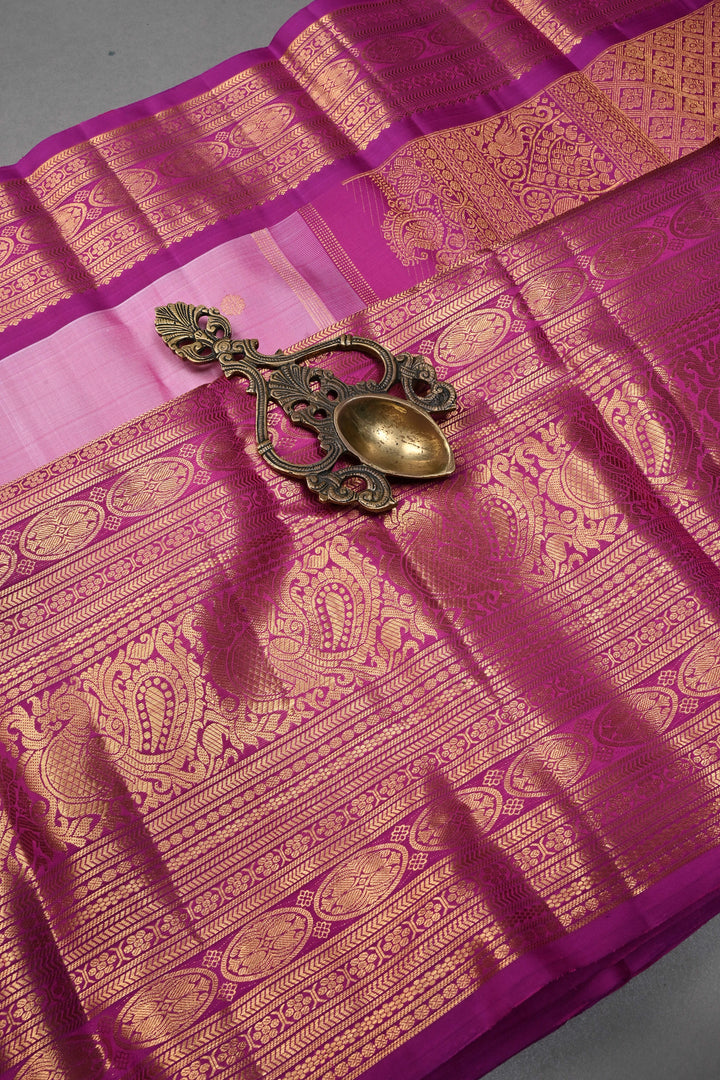 Frost Pink Gadwal Silk Saree with Zari Buttas and Wide Zari Border | SILK MARK CERTIFIED | SHOBITAM