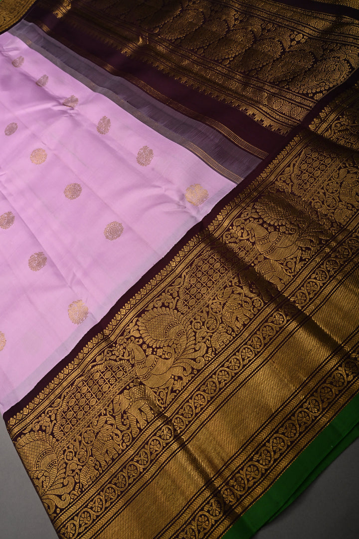 Thistle Pink Korvai Pure Gadwal Silk Saree with Zari Buttas and Contrast Wide Zari Border | SILK MARK CERTIFIED | SHOBITAM