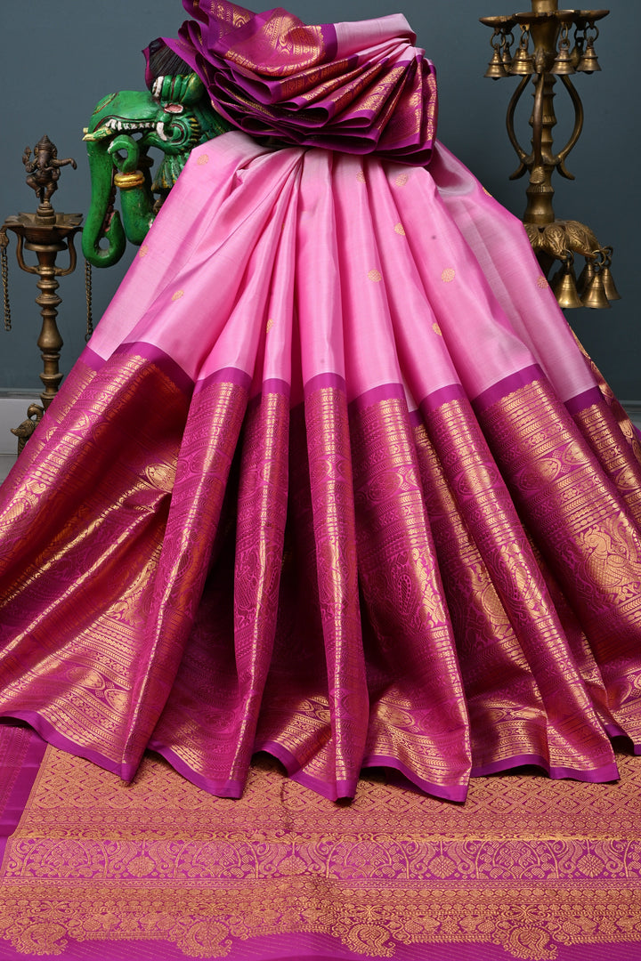 Frost Pink Gadwal Silk Saree with Zari Buttas and Wide Zari Border | SILK MARK CERTIFIED | SHOBITAM