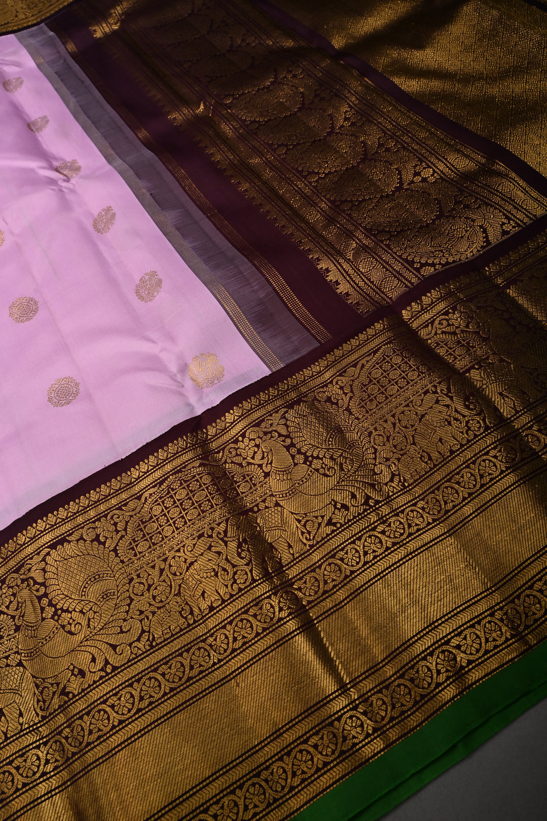 Thistle Pink Korvai Pure Gadwal Silk Saree with Zari Buttas and Contrast Wide Zari Border | SILK MARK CERTIFIED | SHOBITAM