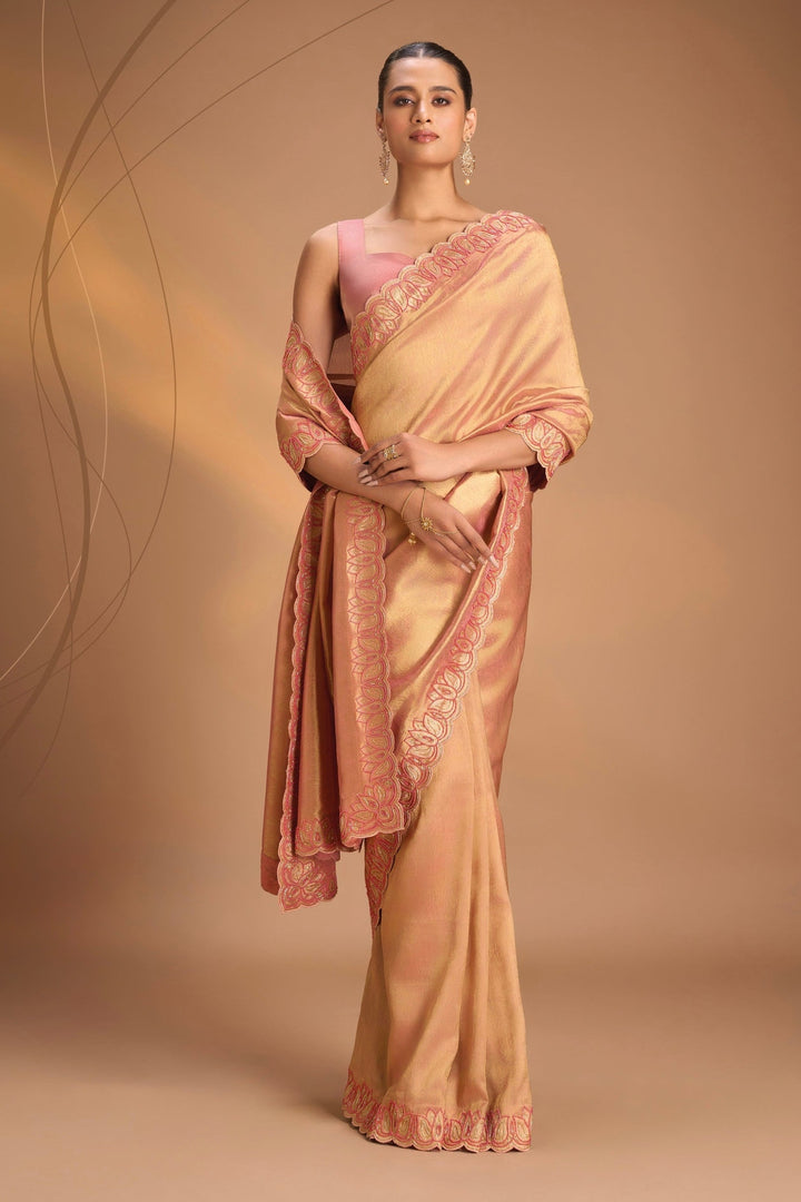 Sandstone Vegan Organza Tissue Saree with Zari Border, No Blouse Piece