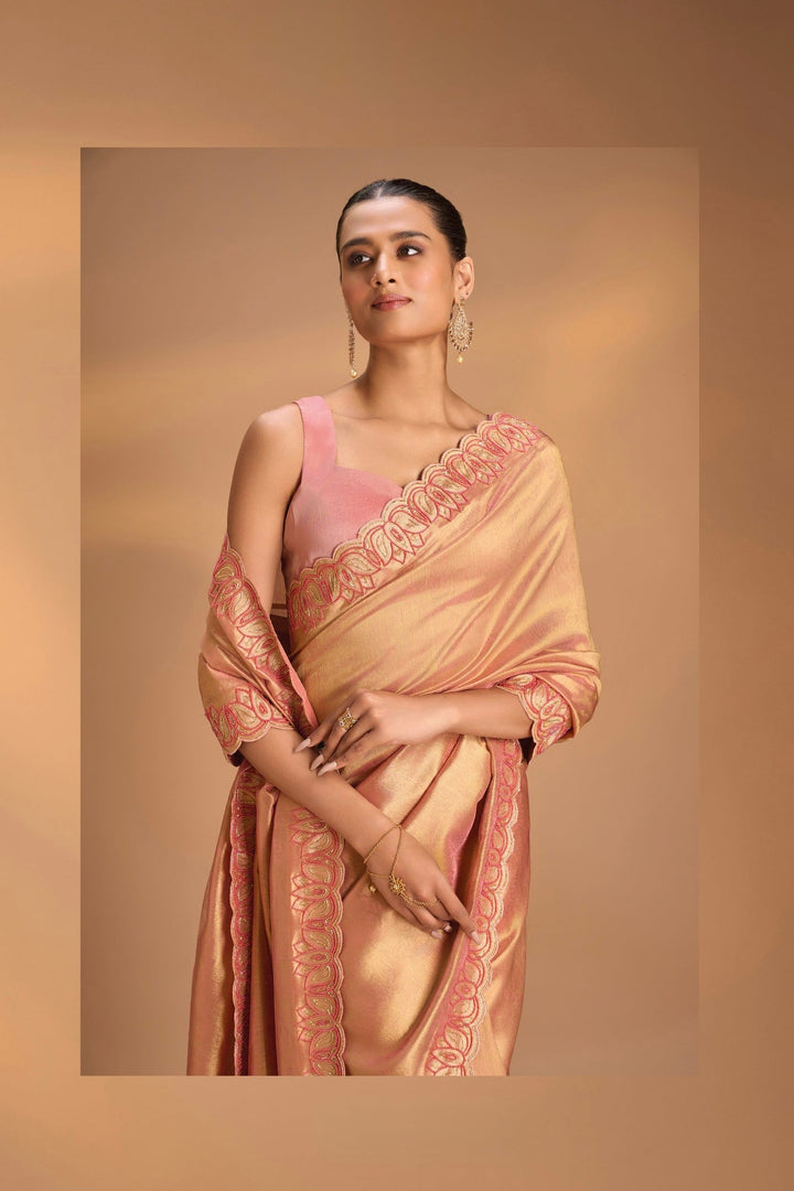 Sandstone Vegan Organza Tissue Saree with Zari Border, No Blouse Piece