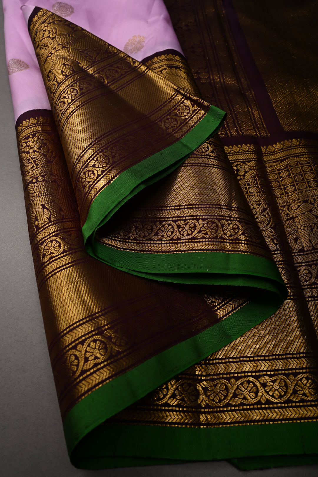 Thistle Pink Korvai Pure Gadwal Silk Saree with Zari Buttas and Contrast Wide Zari Border | SILK MARK CERTIFIED | SHOBITAM