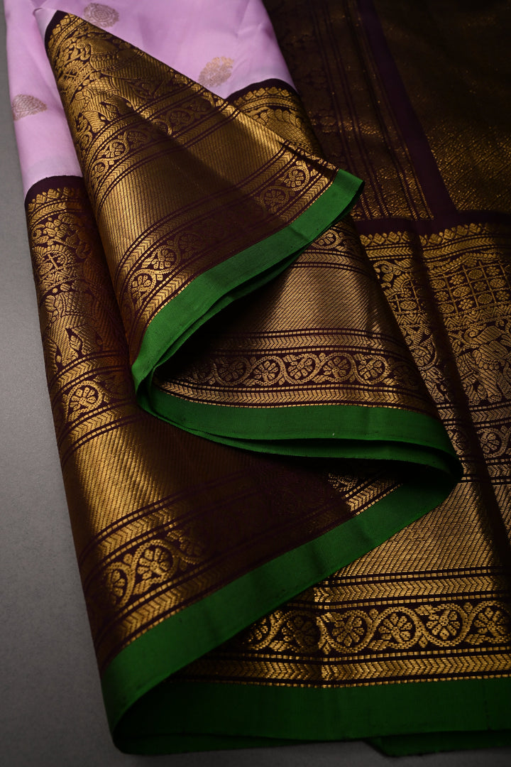 Thistle Pink Korvai Pure Gadwal Silk Saree with Zari Buttas and Contrast Wide Zari Border | SILK MARK CERTIFIED | SHOBITAM