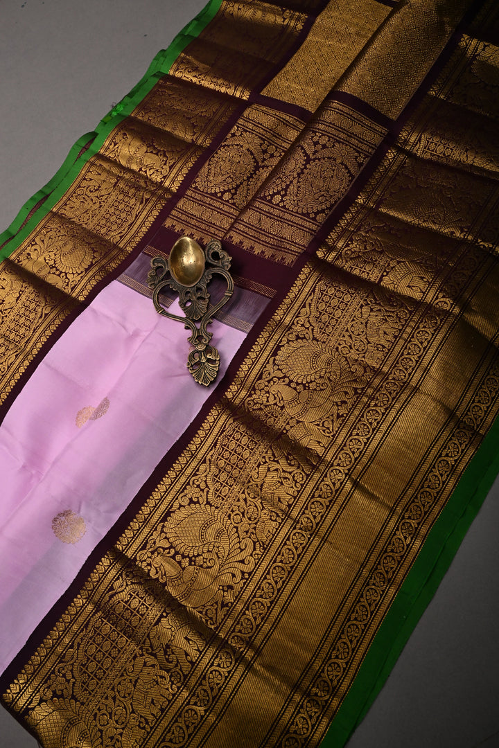 Thistle Pink Korvai Pure Gadwal Silk Saree with Zari Buttas and Contrast Wide Zari Border | SILK MARK CERTIFIED | SHOBITAM