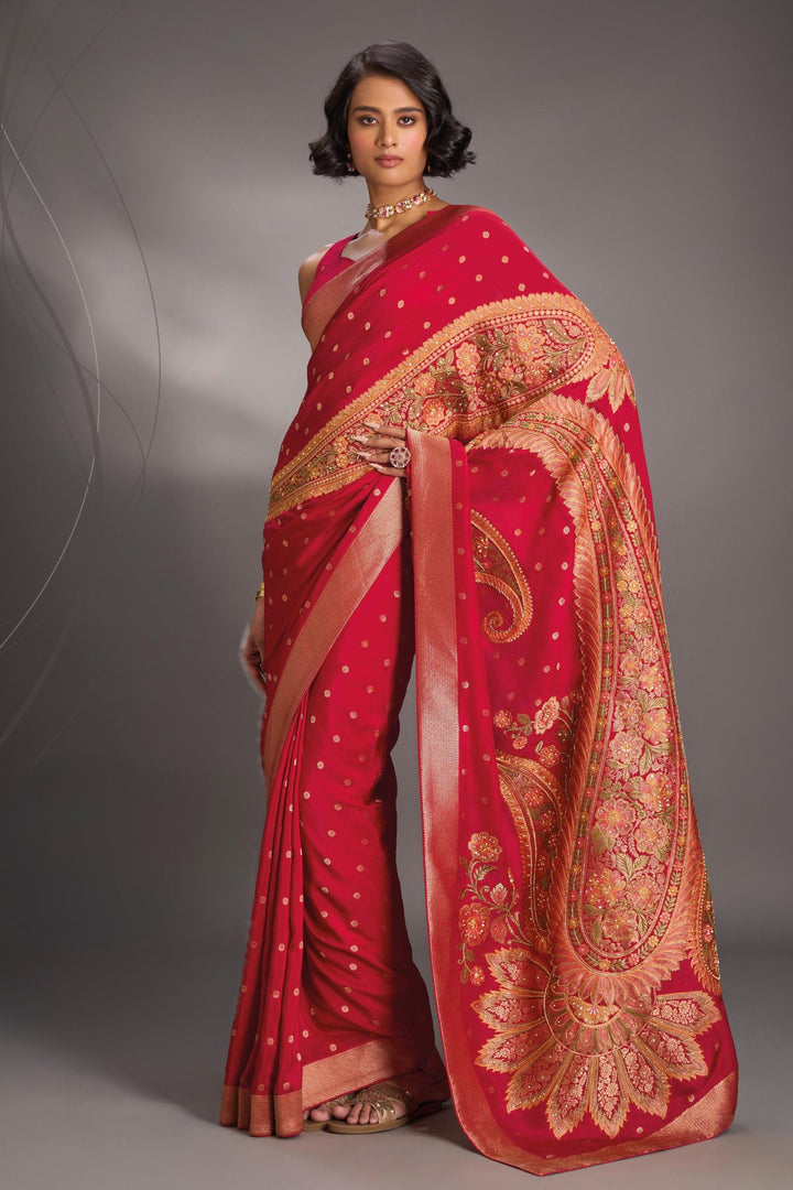 Rani Pink Vegan Soft Silk Saree with Paisley Motifs- Moti, Cutdana work and Zari Border