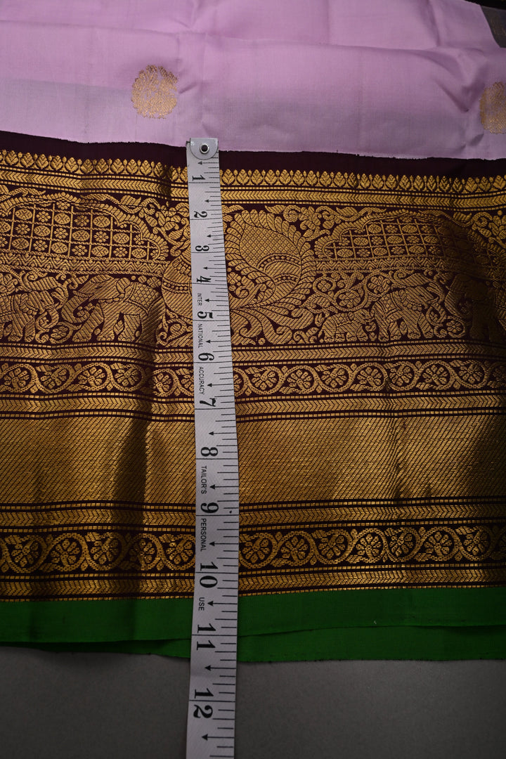 Thistle Pink Korvai Pure Gadwal Silk Saree with Zari Buttas and Contrast Wide Zari Border | SILK MARK CERTIFIED | SHOBITAM