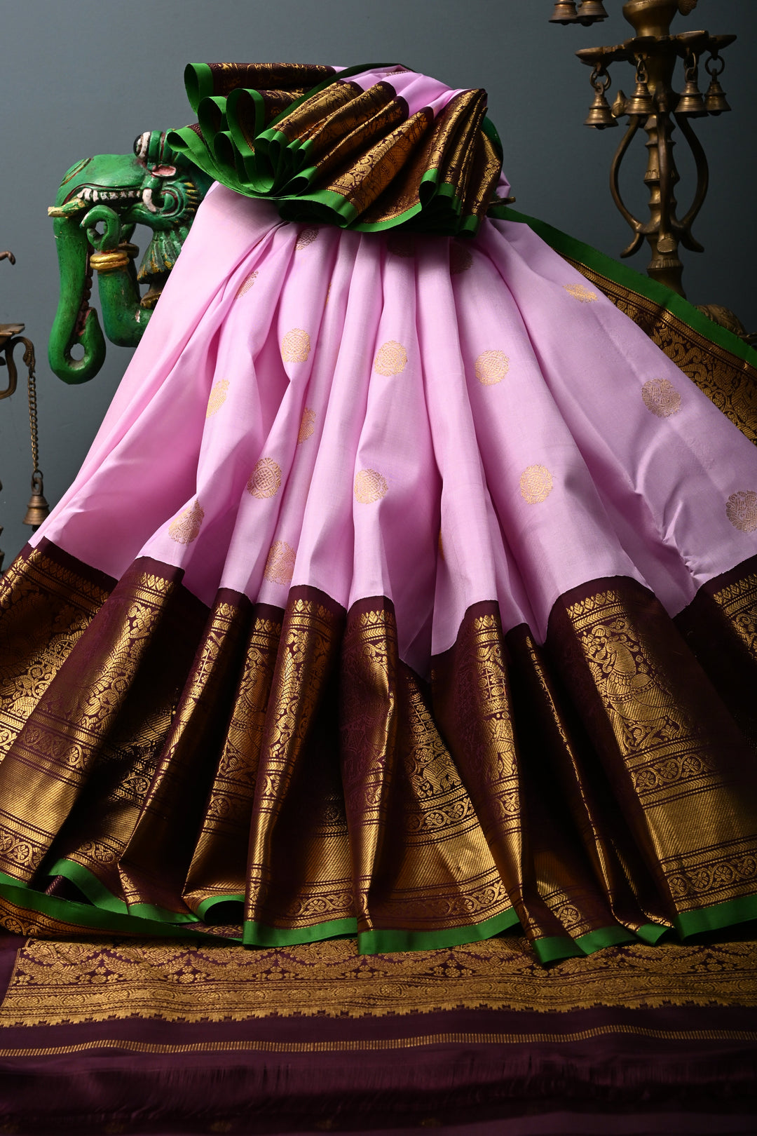 Thistle Pink Korvai Pure Gadwal Silk Saree with Zari Buttas and Contrast Wide Zari Border | SILK MARK CERTIFIED | SHOBITAM