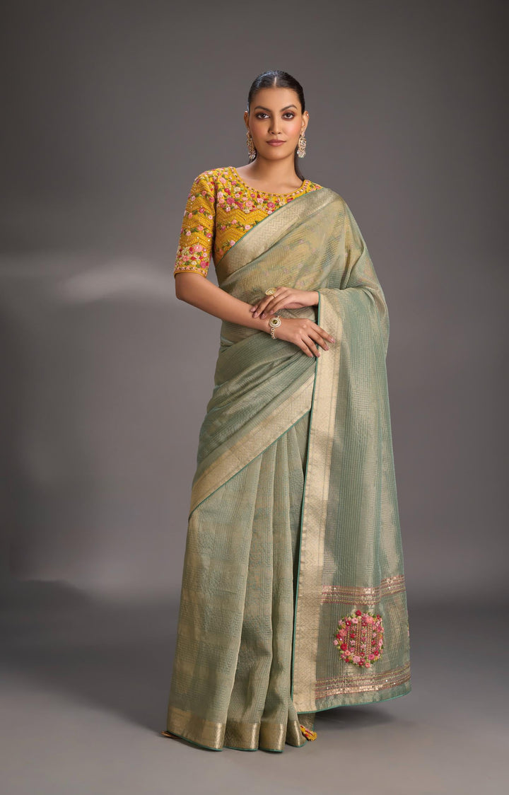 Sage Green Checks on Vegan Organza Tissue Saree with Zari Border and Hand Embroidery on Pallu