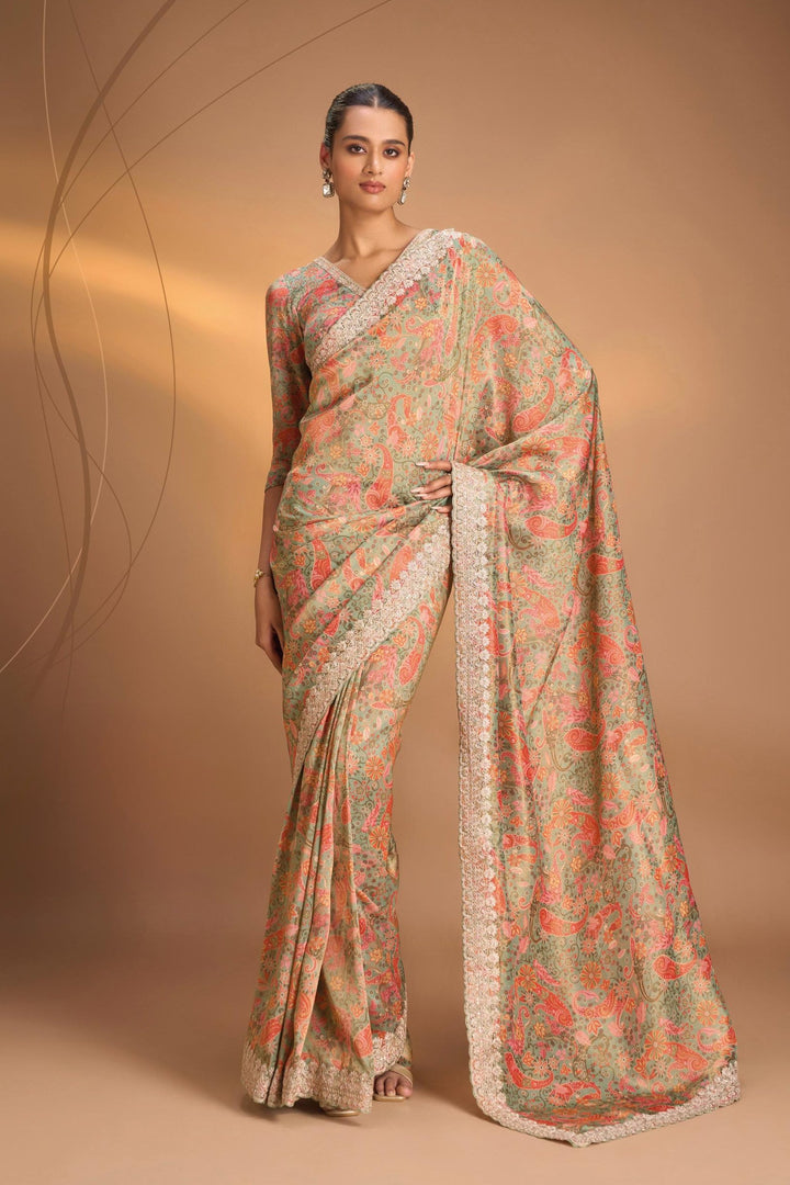 Vegan Tissue Saree with Digital Print and Cord Pitta Embroidery Border, No Blouse Piece