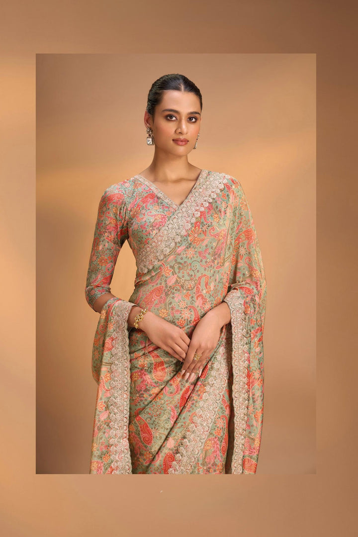 Vegan Tissue Saree with Digital Print and Cord Pitta Embroidery Border, No Blouse Piece