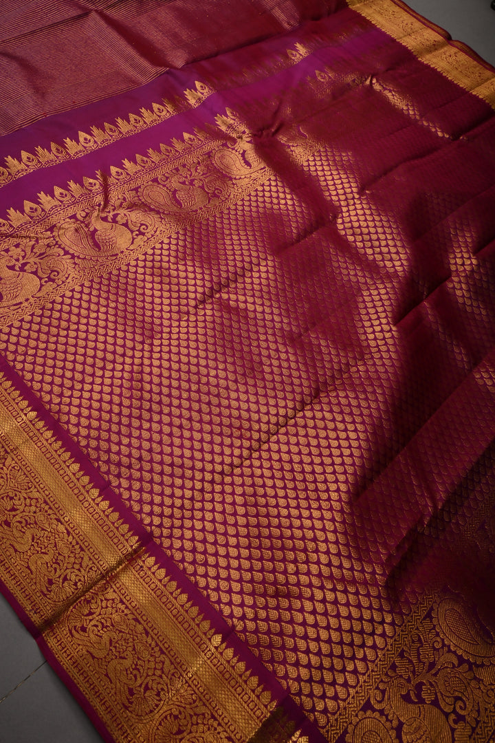 Deep Magenta Pure Kanjivaram Silk Saree with Zari Stripes and Zari Border | SILK MARK CERTIFIED | SHOBITAM