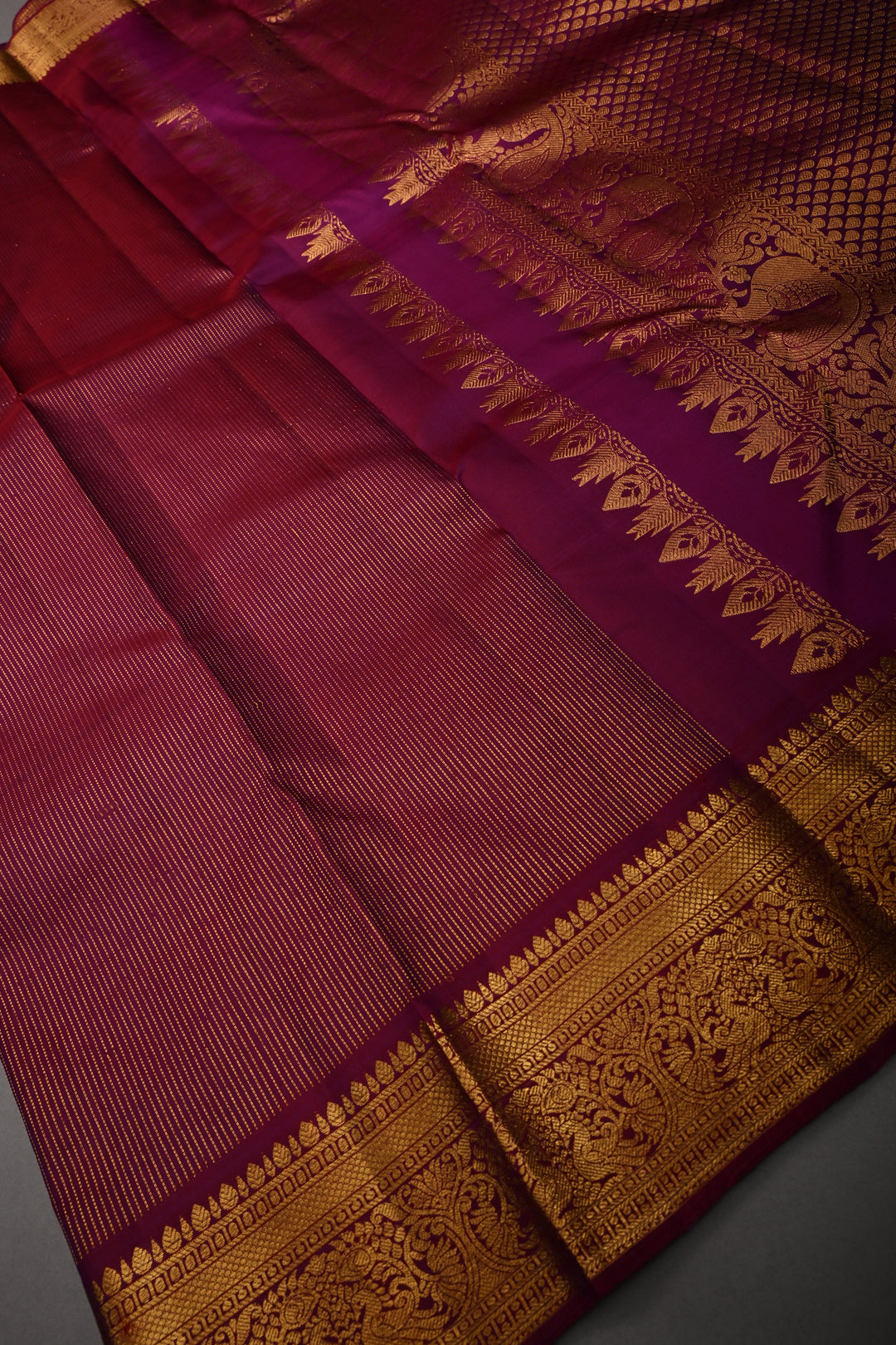 Deep Magenta Pure Kanjivaram Silk Saree with Zari Stripes and Zari Border | SILK MARK CERTIFIED | SHOBITAM