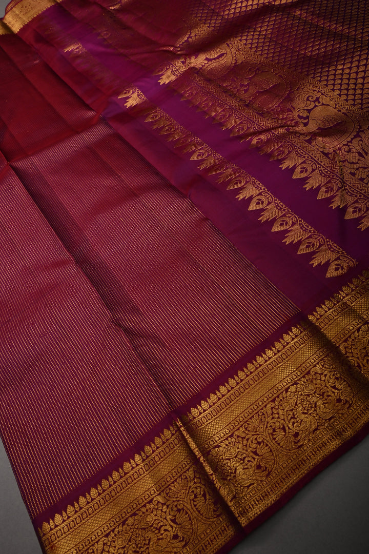 Deep Magenta Pure Kanjivaram Silk Saree with Zari Stripes and Zari Border | SILK MARK CERTIFIED | SHOBITAM