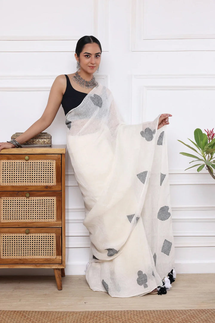Handloom White & Black Pure Linen Teen Patti Jamdani Saree | SHOBITAM