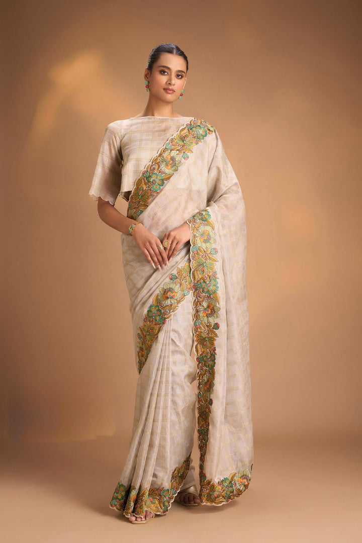 Gray Vegan Organza Tissue Saree with Checks and Multi Color Thread Embroidery Border