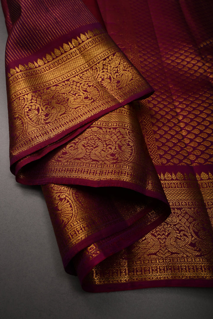 Deep Magenta Pure Kanjivaram Silk Saree with Zari Stripes and Zari Border | SILK MARK CERTIFIED | SHOBITAM