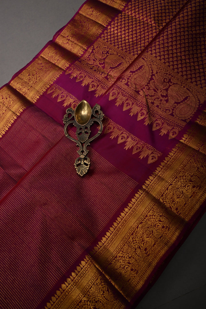 Deep Magenta Pure Kanjivaram Silk Saree with Zari Stripes and Zari Border | SILK MARK CERTIFIED | SHOBITAM