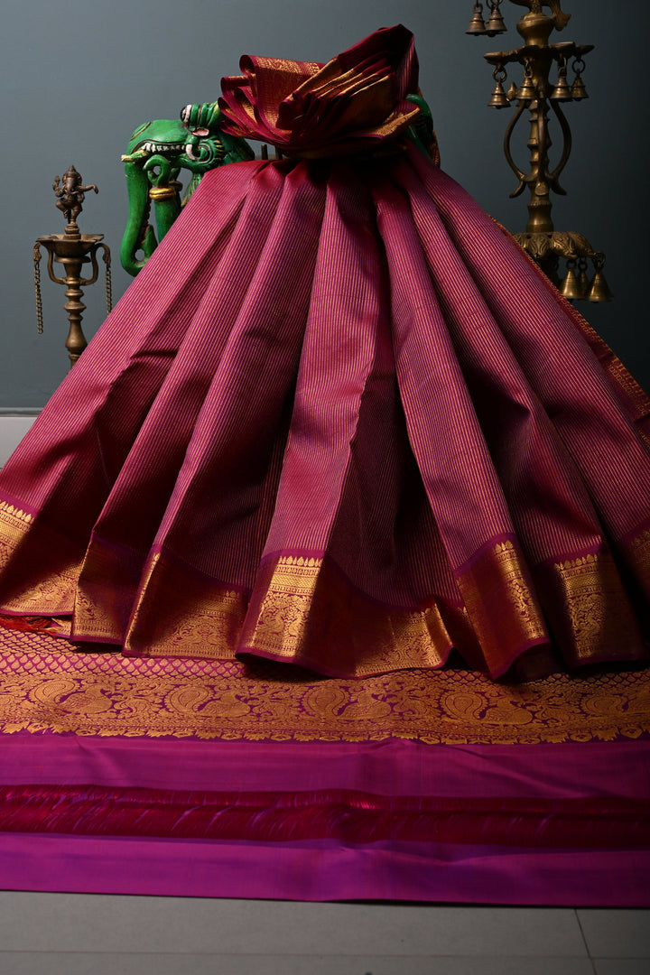 Deep Magenta Pure Kanjivaram Silk Saree with Zari Stripes and Zari Border | SILK MARK CERTIFIED | SHOBITAM