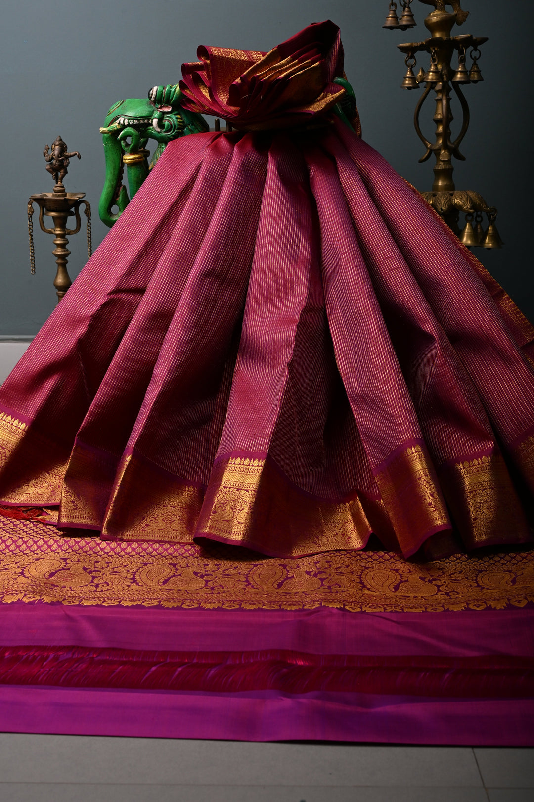 Deep Magenta Pure Kanjivaram Silk Saree with Zari Stripes and Zari Border | SILK MARK CERTIFIED | SHOBITAM