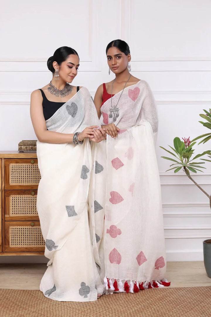 Handloom White & Black Pure Linen Teen Patti Jamdani Saree | SHOBITAM