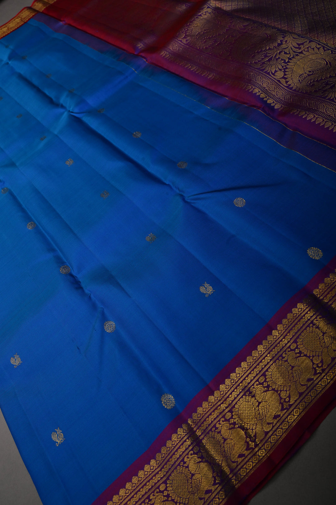 MS Blue Pure Kanjivaram Silk Saree with Zari Buttas and Annapakashi Buttas on Red Contrast Zari Border | SILK MARK CERTIFIED | SHOBITAM