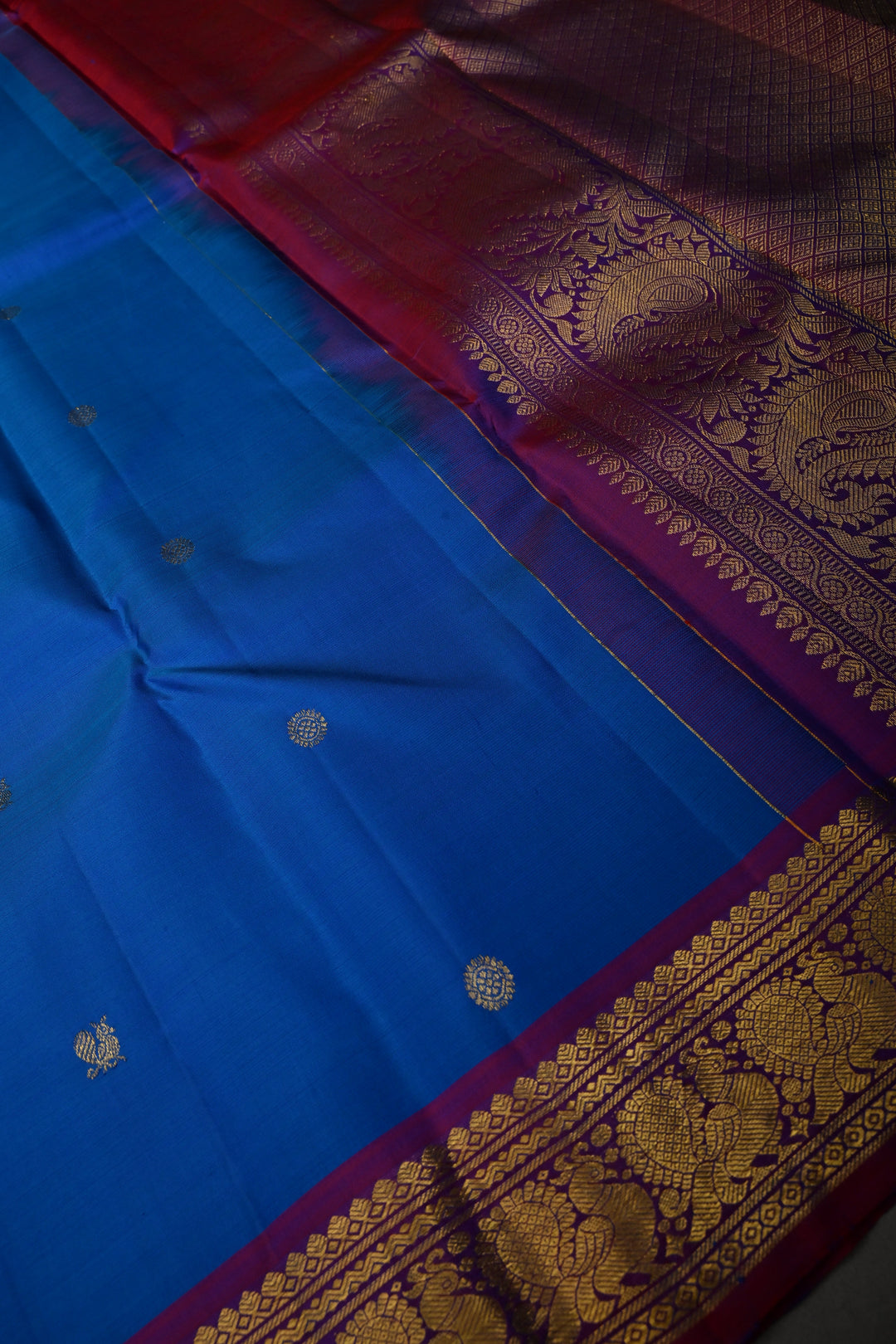 MS Blue Pure Kanjivaram Silk Saree with Zari Buttas and Annapakashi Buttas on Red Contrast Zari Border | SILK MARK CERTIFIED | SHOBITAM