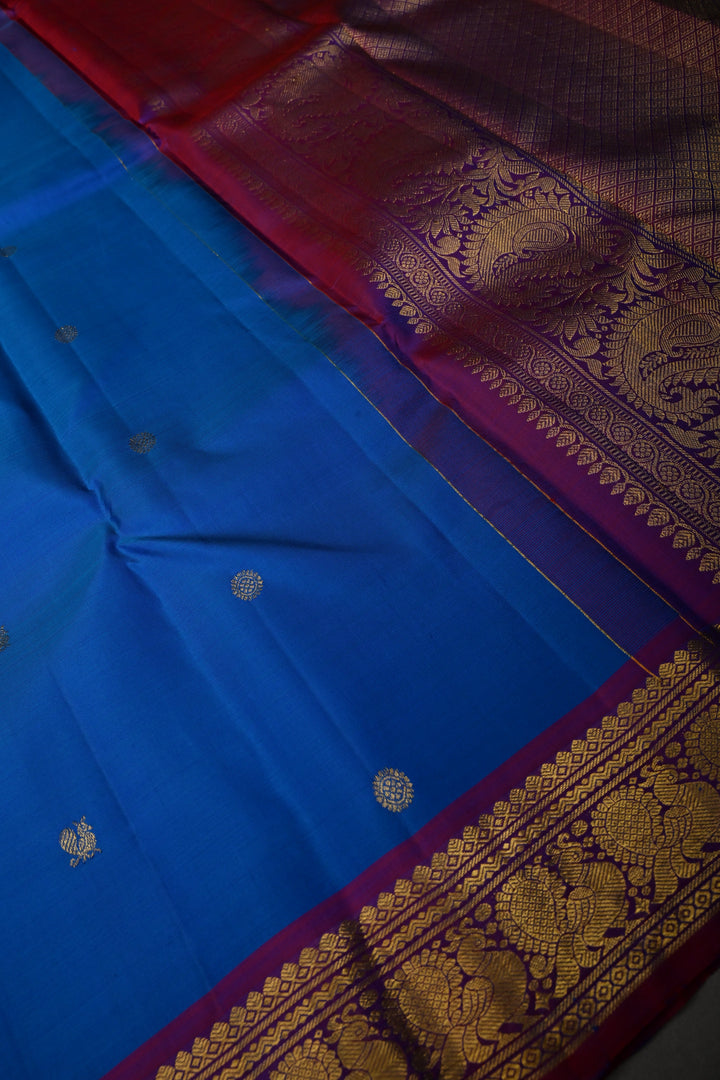 MS Blue Pure Kanjivaram Silk Saree with Zari Buttas and Annapakashi Buttas on Red Contrast Zari Border | SILK MARK CERTIFIED | SHOBITAM
