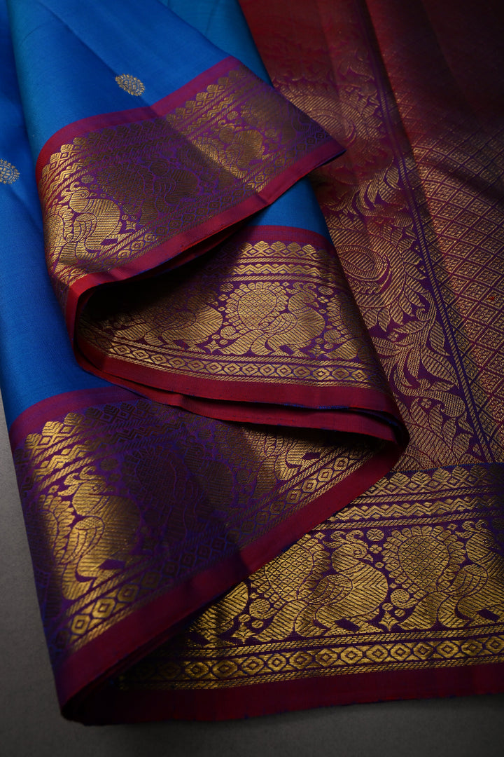 MS Blue Pure Kanjivaram Silk Saree with Zari Buttas and Annapakashi Buttas on Red Contrast Zari Border | SILK MARK CERTIFIED | SHOBITAM