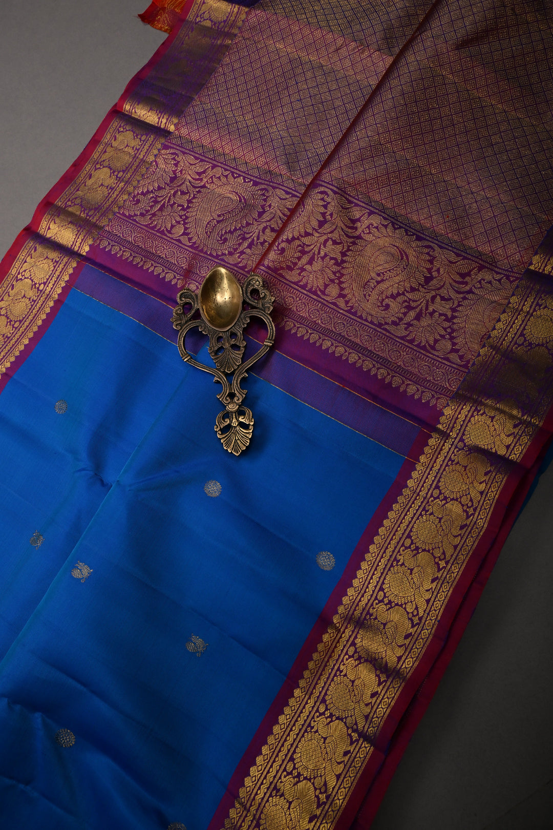 MS Blue Pure Kanjivaram Silk Saree with Zari Buttas and Annapakashi Buttas on Red Contrast Zari Border | SILK MARK CERTIFIED | SHOBITAM