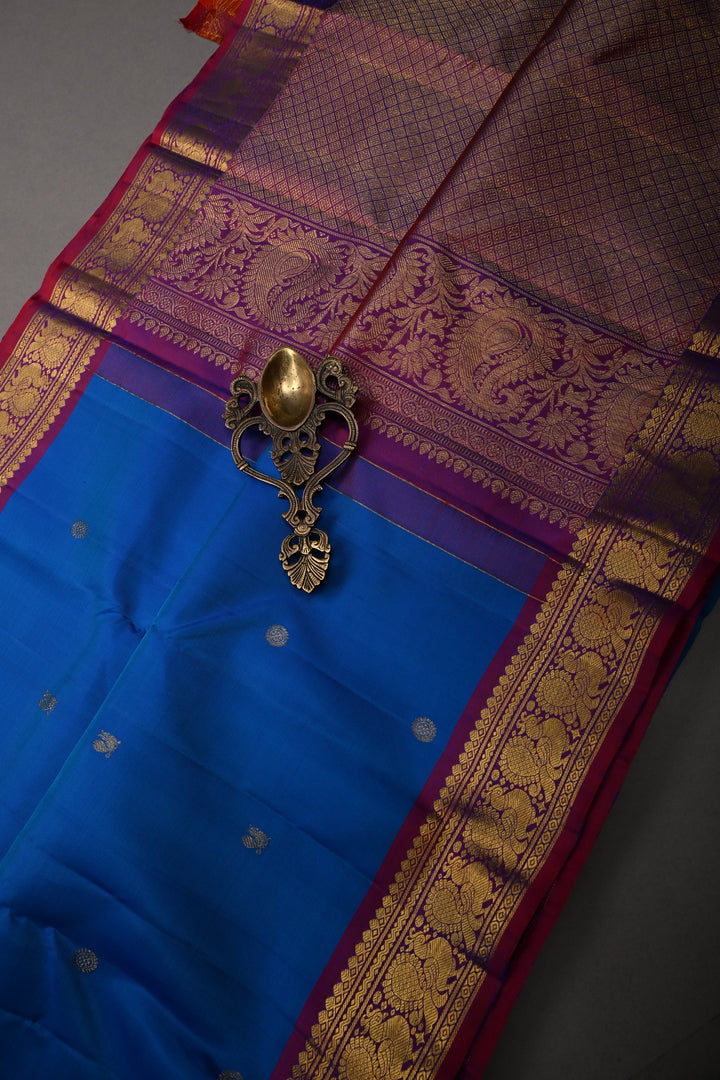 MS Blue Pure Kanjivaram Silk Saree with Zari Buttas and Annapakashi Buttas on Red Contrast Zari Border | SILK MARK CERTIFIED | SHOBITAM