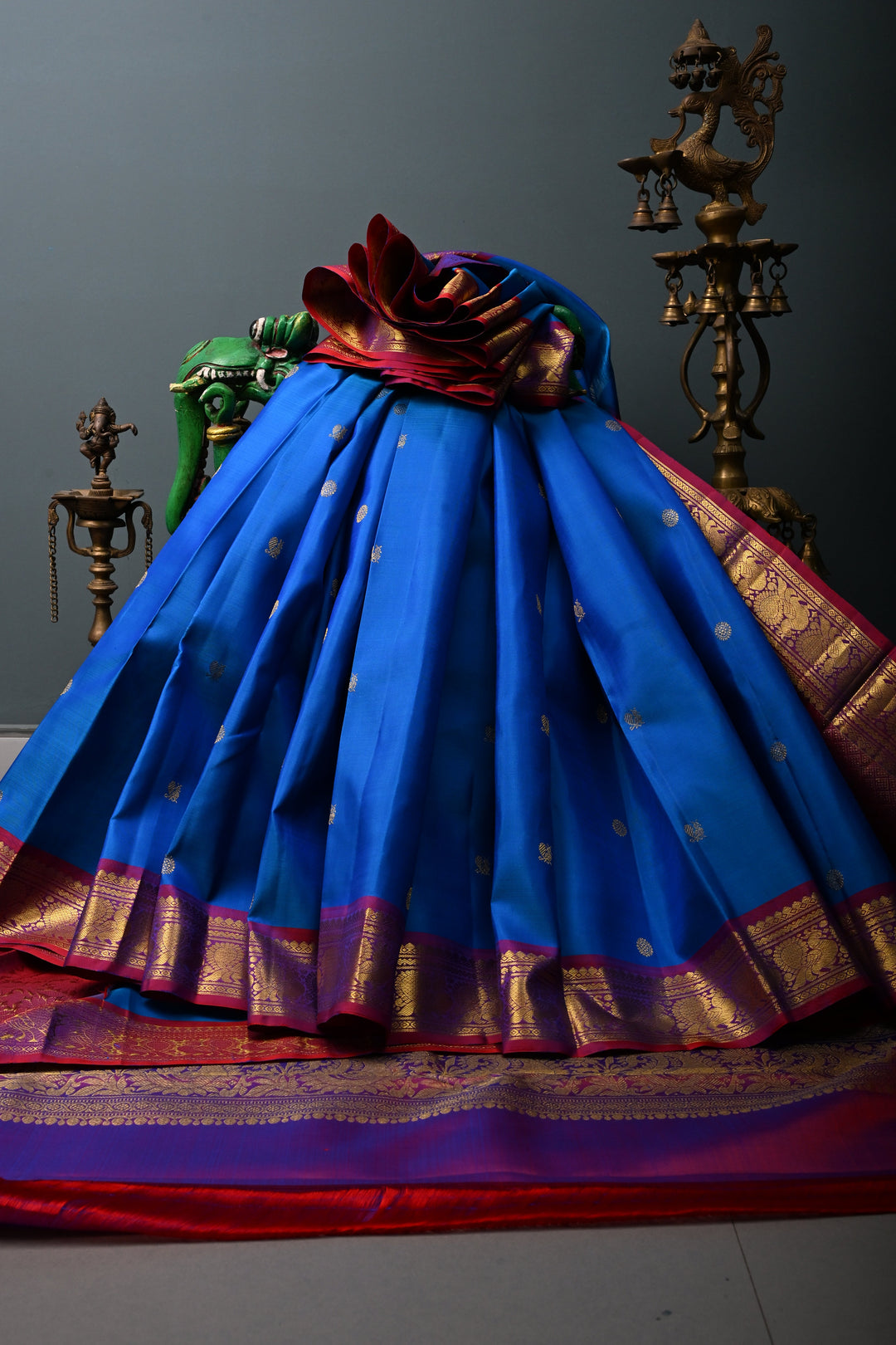 MS Blue Pure Kanjivaram Silk Saree with Zari Buttas and Annapakashi Buttas on Red Contrast Zari Border | SILK MARK CERTIFIED | SHOBITAM